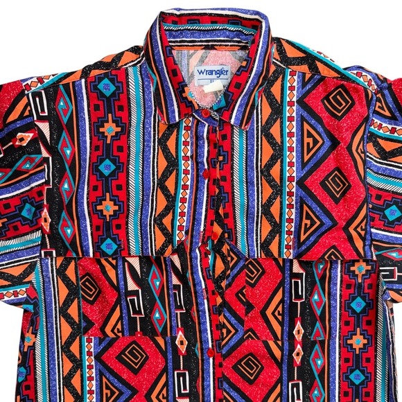 Vintage Wrangler Brushpopper Shirt Mens XL Red Aztec Geometric Short Sleeve - Picture 4 of 8